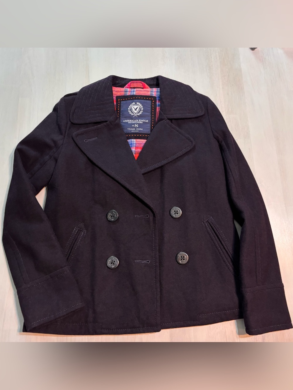 American Eagle Navy Blue Plaid Lined Peacoat Jacket Women’s Size Small